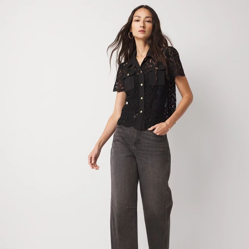 WHBM Short-Sleeve Lace Shirt Jacket - Picture 2 of 6